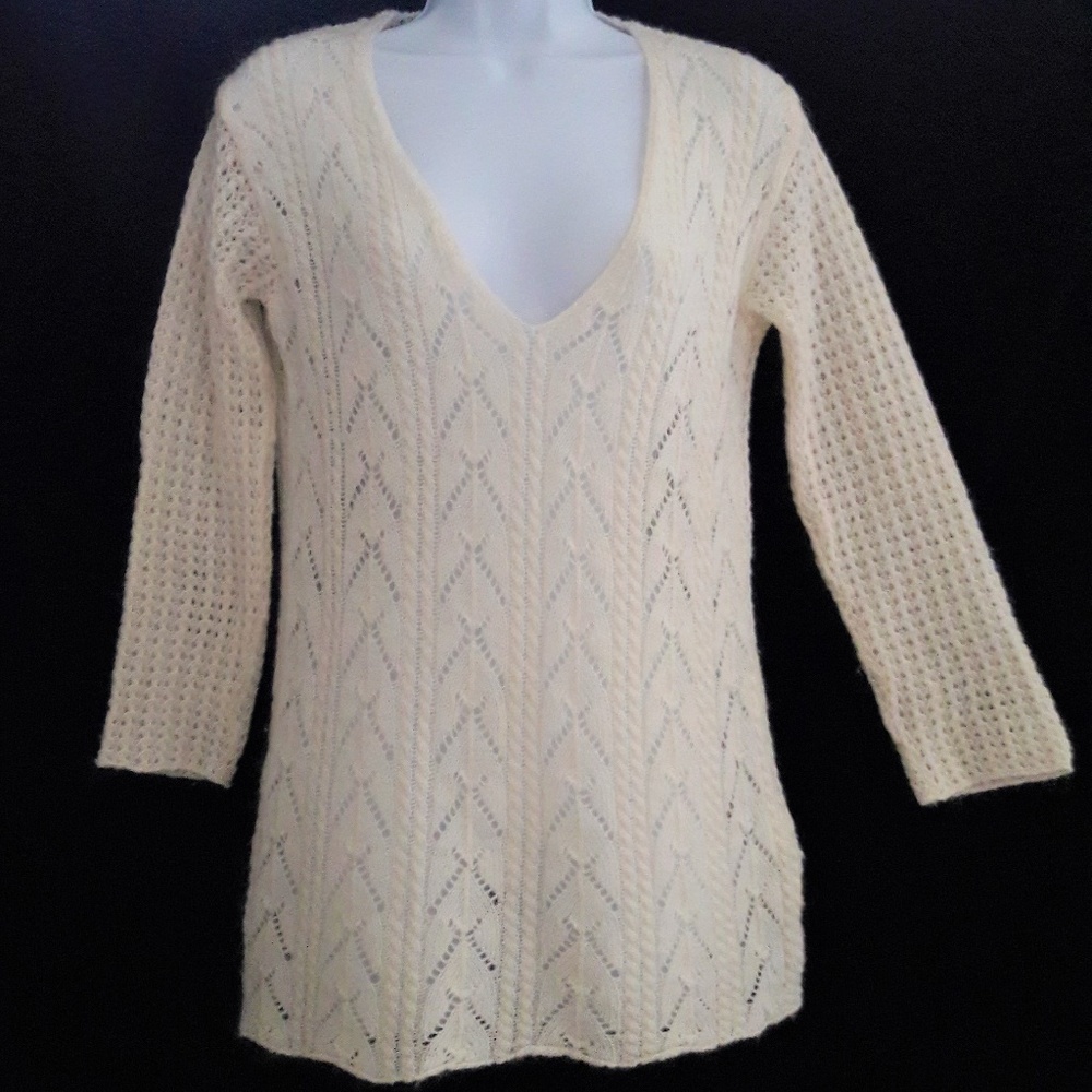 Zara Pointelle Knit Mohair Wool Blend Sweater V Neck Cream Long L